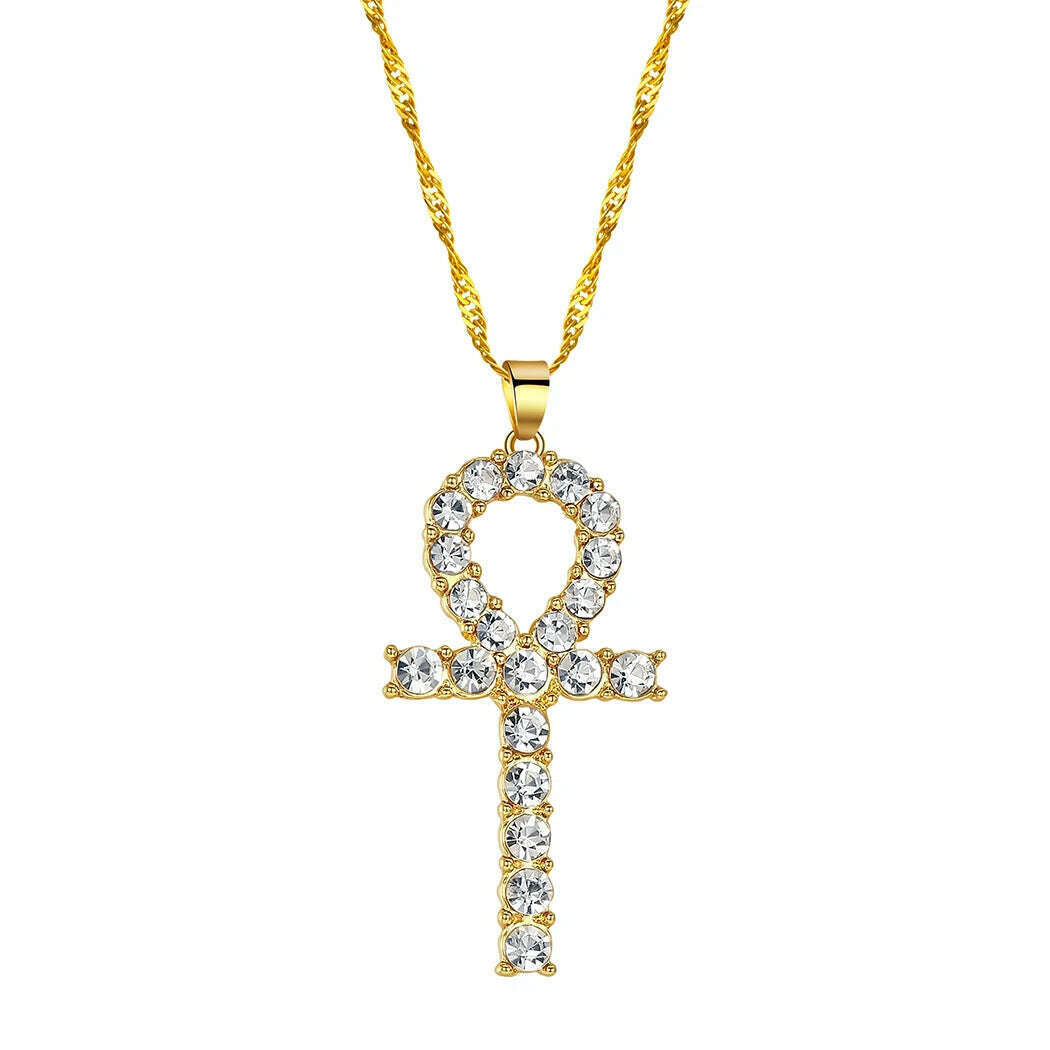 Viking Crystal EYE Cross Ankh Necklace For Women Men Amulet Religion Punk Vintage Jewelry Evil Eye Golden Chains Necklaces - KIMLUD