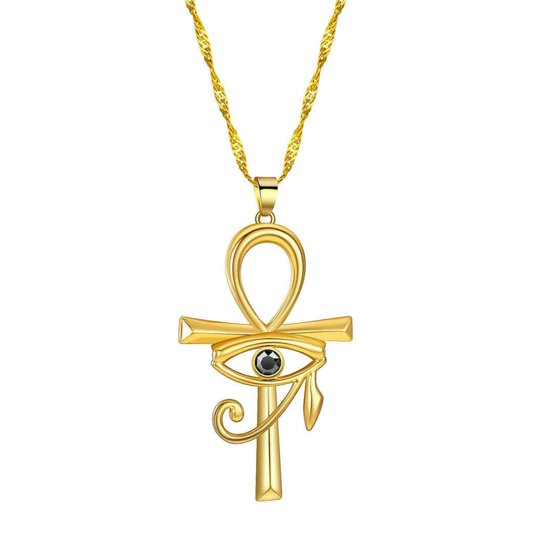 Viking Crystal EYE Cross Ankh Necklace For Women Men Amulet Religion Punk Vintage Jewelry Evil Eye Golden Chains Necklaces - KIMLUD