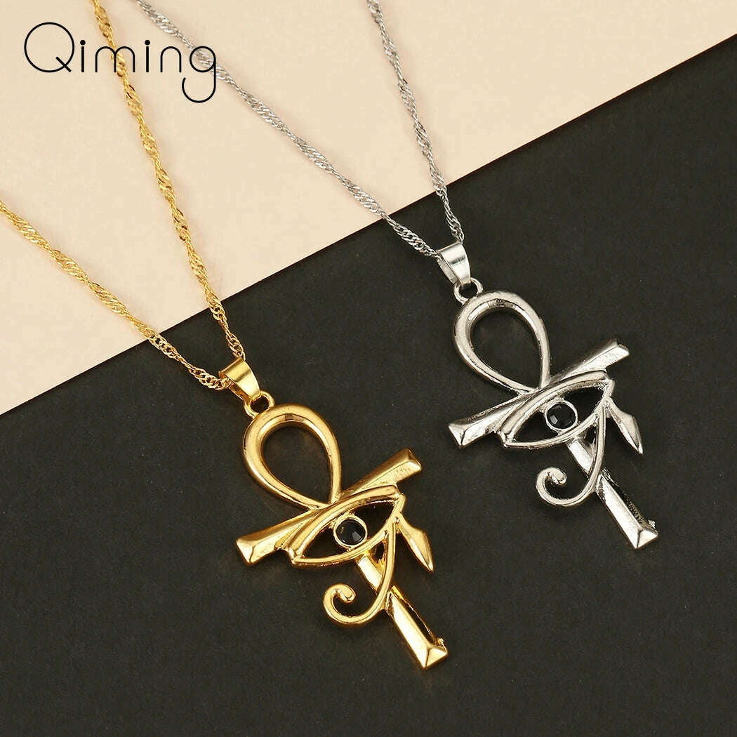 Viking Crystal EYE Cross Ankh Necklace For Women Men Amulet Religion Punk Vintage Jewelry Evil Eye Golden Chains Necklaces - KIMLUD