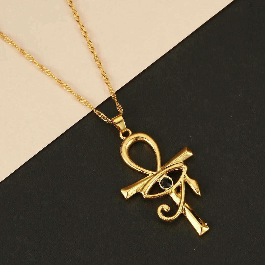 Viking Crystal EYE Cross Ankh Necklace For Women Men Amulet Religion Punk Vintage Jewelry Evil Eye Golden Chains Necklaces - KIMLUD