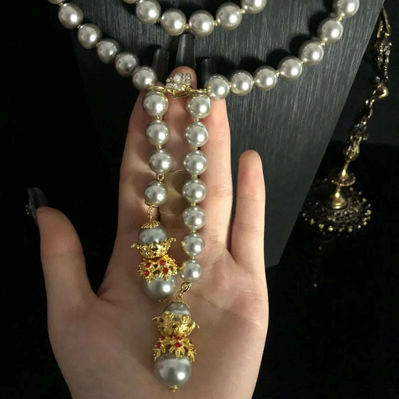 vintage Baroque necklaces Exaggerate with a glazed pearl ultra long necklace sweater chain - KIMLUD