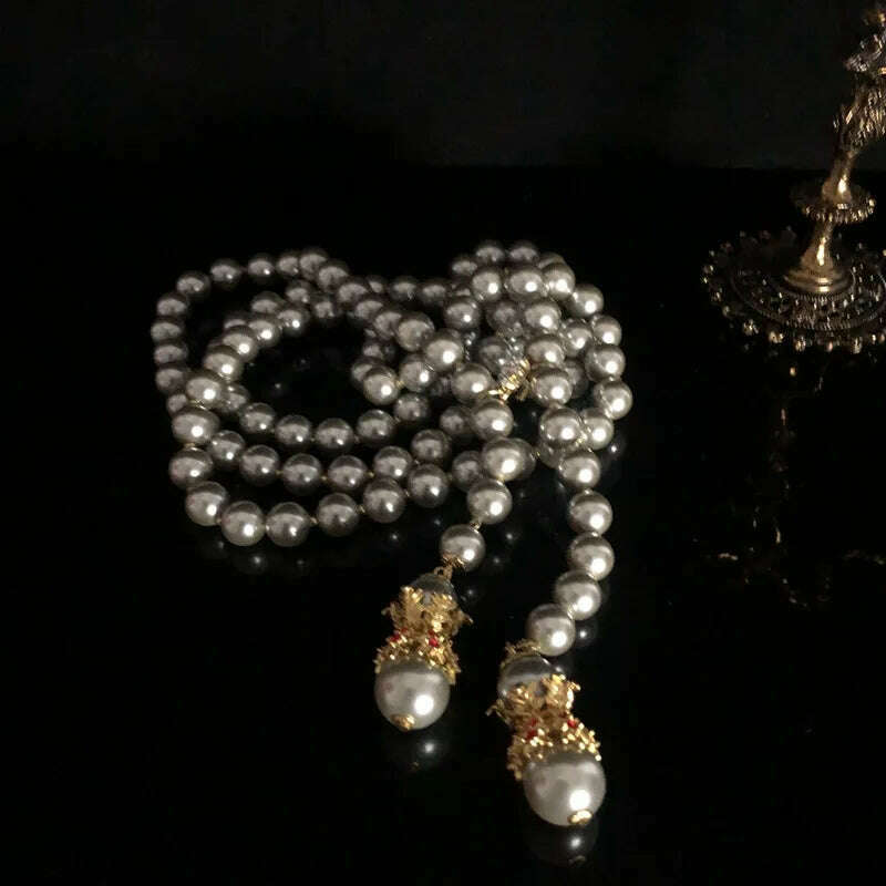 vintage Baroque necklaces Exaggerate with a glazed pearl ultra long necklace sweater chain - KIMLUD