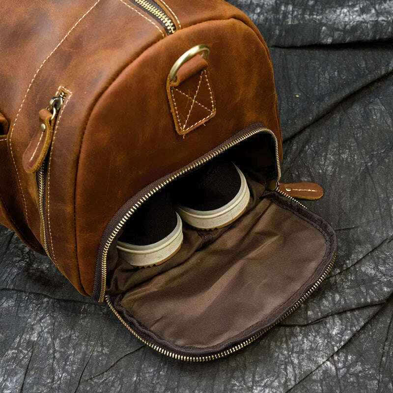 Vintage Crazy Horse leather Travel Bag With Shoe Pocket 20 inch big capacity Real Leather Weekend luuage Bag large Messenger Bag - KIMLUD