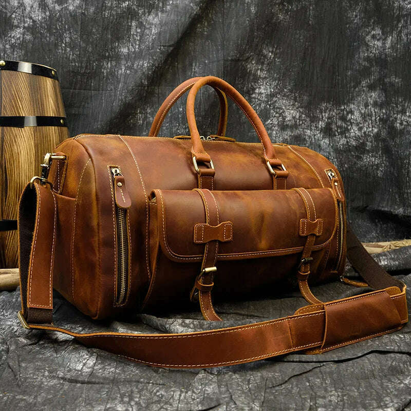 Vintage Crazy Horse leather Travel Bag With Shoe Pocket 20 inch big capacity Real Leather Weekend luuage Bag large Messenger Bag - KIMLUD