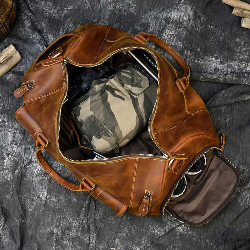 Vintage Crazy Horse leather Travel Bag With Shoe Pocket 20 inch big capacity Real Leather Weekend luuage Bag large Messenger Bag - KIMLUD