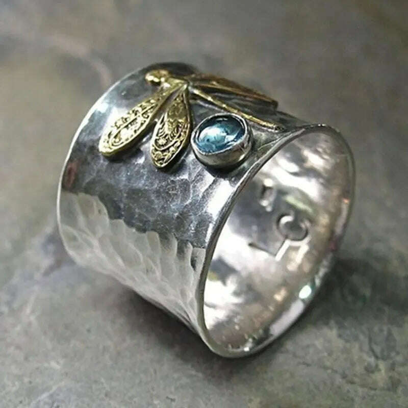 Vintage Dragonfly Rings for Women Fashion Acid Blue Crystal Women's Promise Ring Two-Tone Gold Plated Jewelry Accessories Gifts - KIMLUD