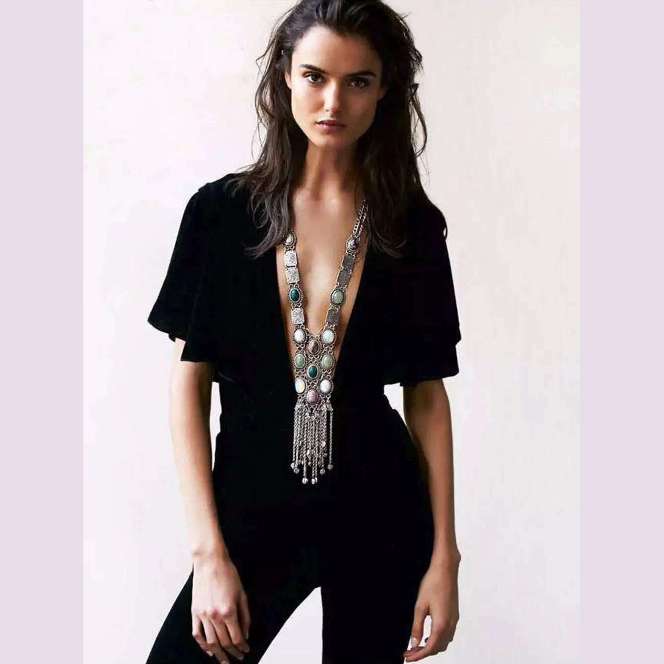 KIMLUD, Vintage Long Chains Rhinestone Statement Necklaces For Women Tassel Pendant Drop Dangle Choker Necklace Bohemian Ethnic Jewelry, KIMLUD Womens Clothes