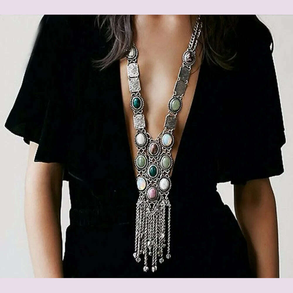 KIMLUD, Vintage Long Chains Rhinestone Statement Necklaces For Women Tassel Pendant Drop Dangle Choker Necklace Bohemian Ethnic Jewelry, KIMLUD Womens Clothes