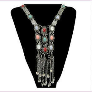 KIMLUD, Vintage Long Chains Rhinestone Statement Necklaces For Women Tassel Pendant Drop Dangle Choker Necklace Bohemian Ethnic Jewelry, Silver, KIMLUD APPAREL - Womens Clothes