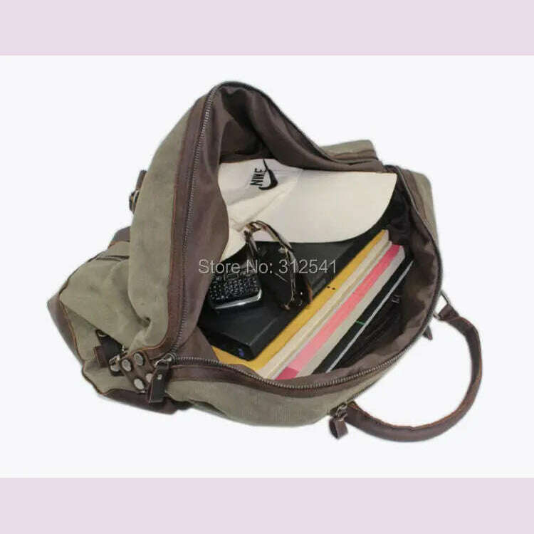 Vintage military Canvas Leather men travel bags Carry on Luggage bags Men Duffel bags travel tote large weekend Bag Overnight - KIMLUD