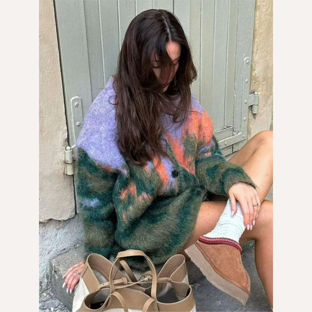 Vintage Mohair Print Knit Cardigan For Women Fashion Long Sleeves Single Breasted Loose Sweater 2023 Autumn Chic High Streetwear - KIMLUD
