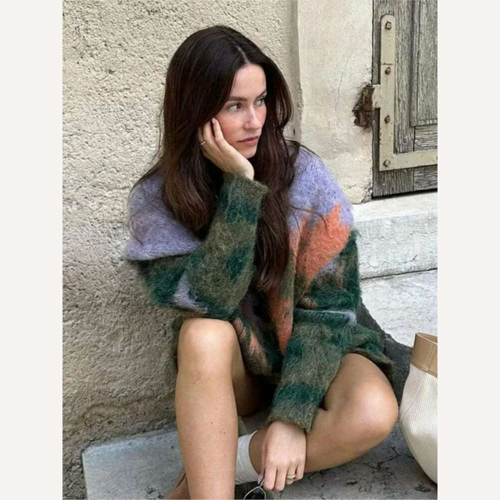 Vintage Mohair Print Knit Cardigan For Women Fashion Long Sleeves Single Breasted Loose Sweater 2023 Autumn Chic High Streetwear - KIMLUD