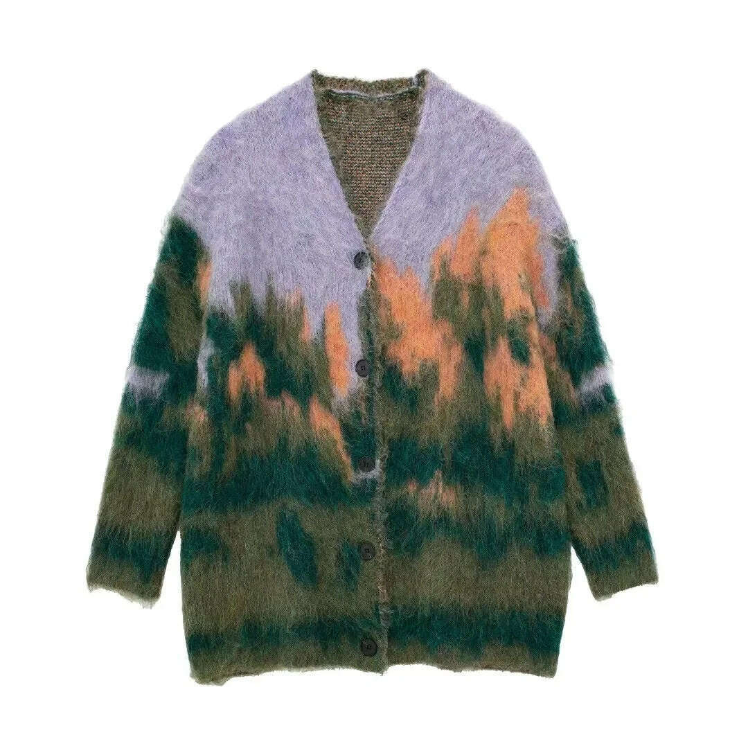 Vintage Mohair Print Knit Cardigan For Women Fashion Long Sleeves Single Breasted Loose Sweater 2023 Autumn Chic High Streetwear - KIMLUD
