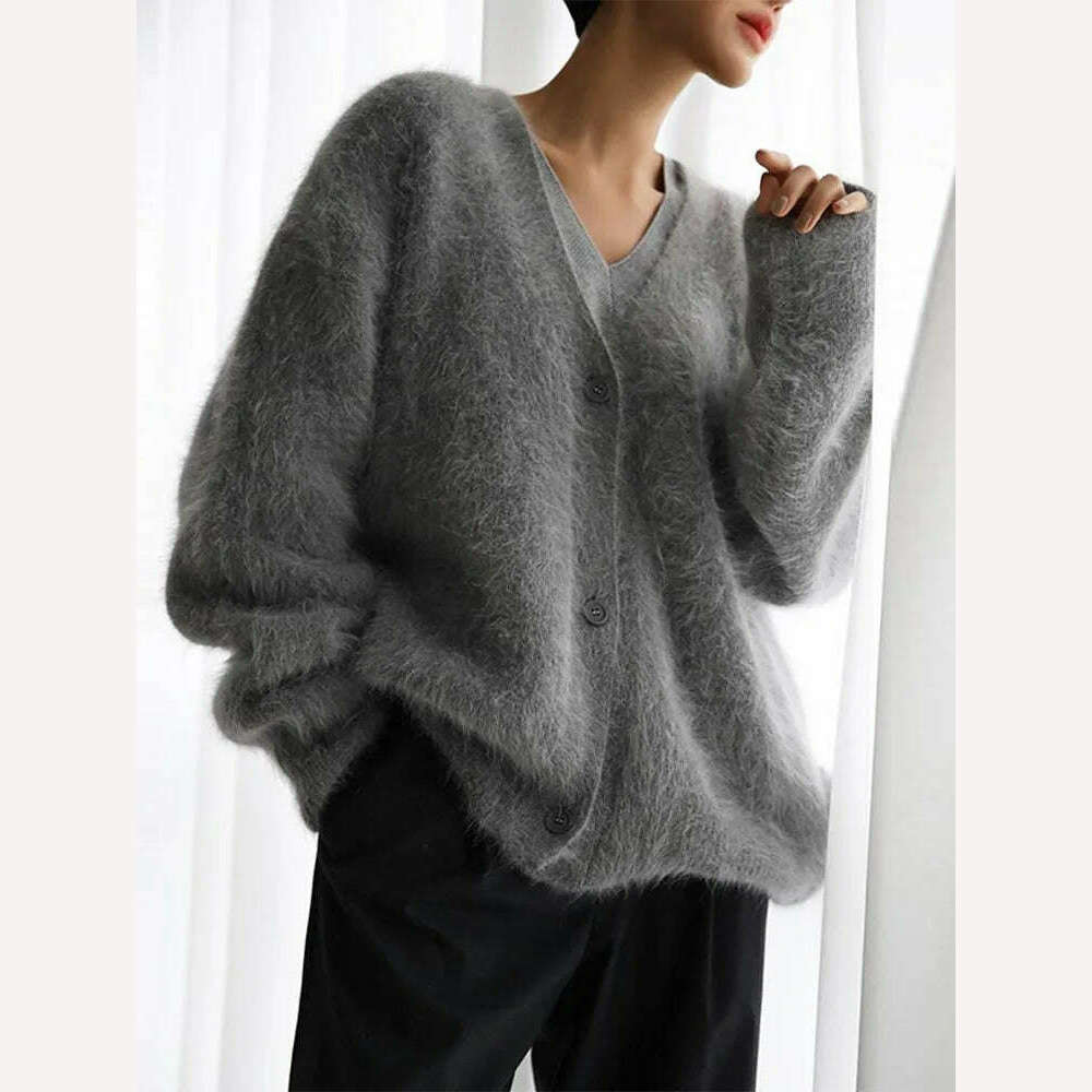 Vintage Mohair Print Knit Cardigan For Women Fashion Long Sleeves Single Breasted Loose Sweater 2023 Autumn Chic High Streetwear - KIMLUD