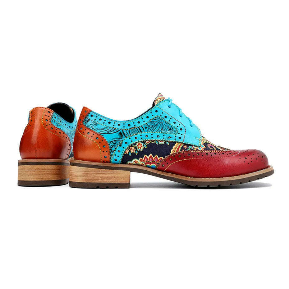 Vintage Oxford Shoes For Women Genuine Leather Flat Heel Shoes Woman British Lace Up Brogues Flats Shoes Retro Chaussures Femme - KIMLUD