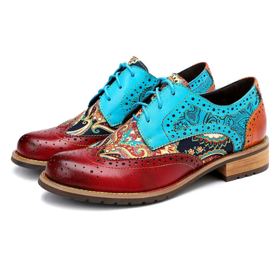 Vintage Oxford Shoes For Women Genuine Leather Flat Heel Shoes Woman British Lace Up Brogues Flats Shoes Retro Chaussures Femme - KIMLUD