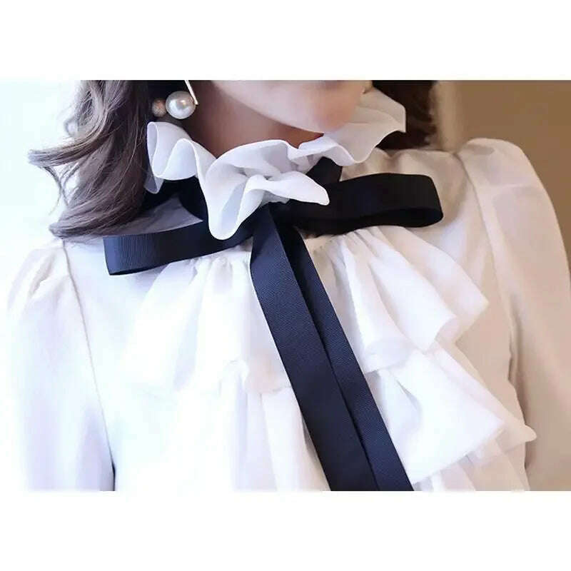 Vintage Ruffled Chiffon Blouse Women's Long Sleeve White Shirt Top for Eye Catching Style - KIMLUD