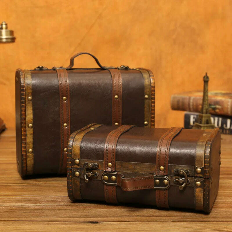 Vintage Traveling Suitcase Wooden Storage Box Treasure Chest Script Props Box Photography Antique Wooden Box - KIMLUD