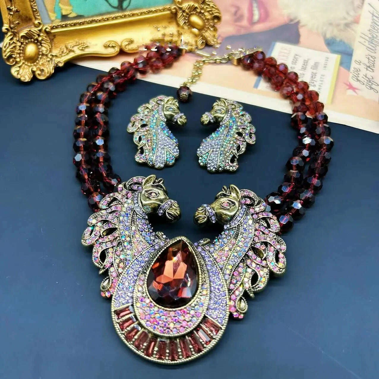 vintage two-headed horse Drop exaggerated necklace earrings - KIMLUD