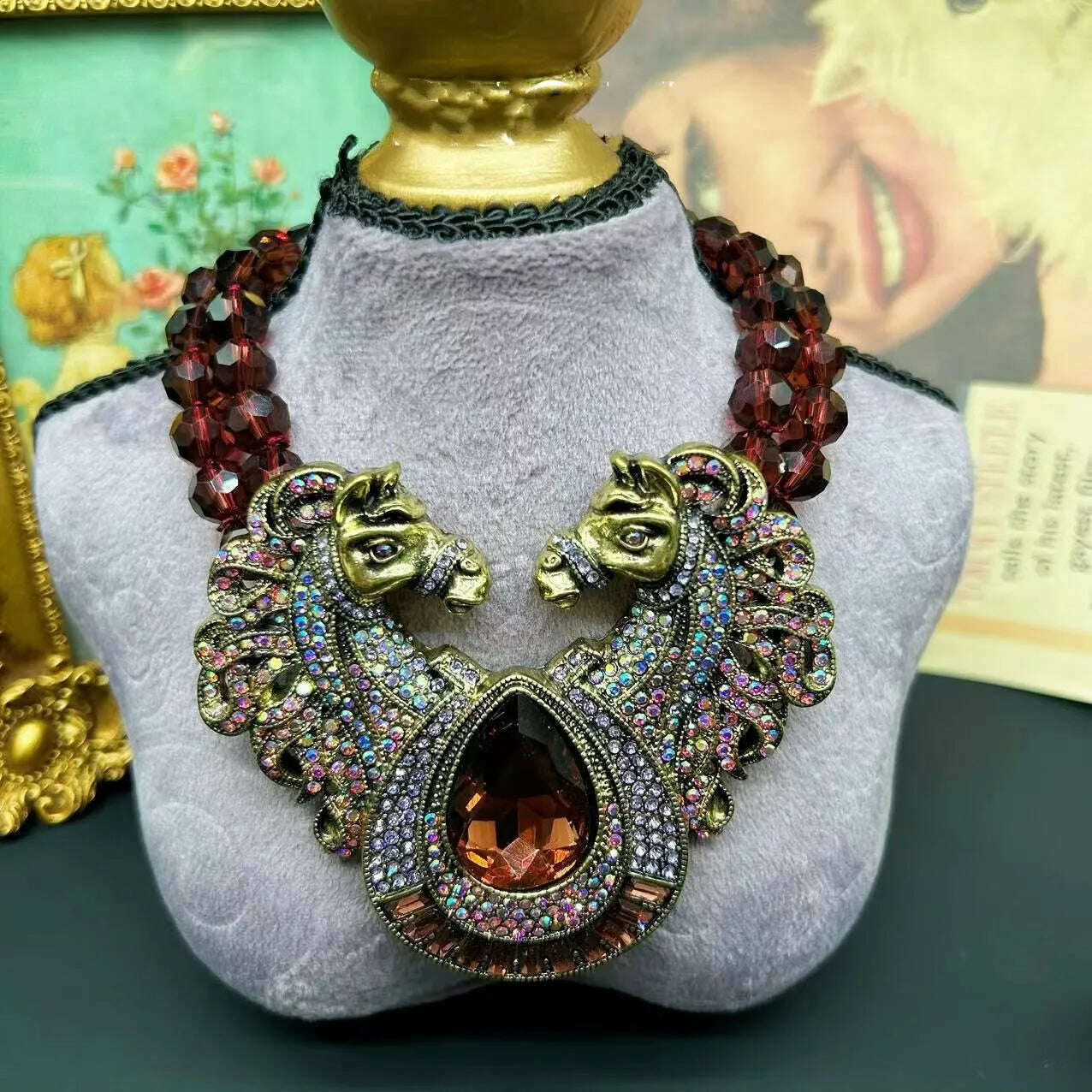 vintage two-headed horse Drop exaggerated necklace earrings - KIMLUD