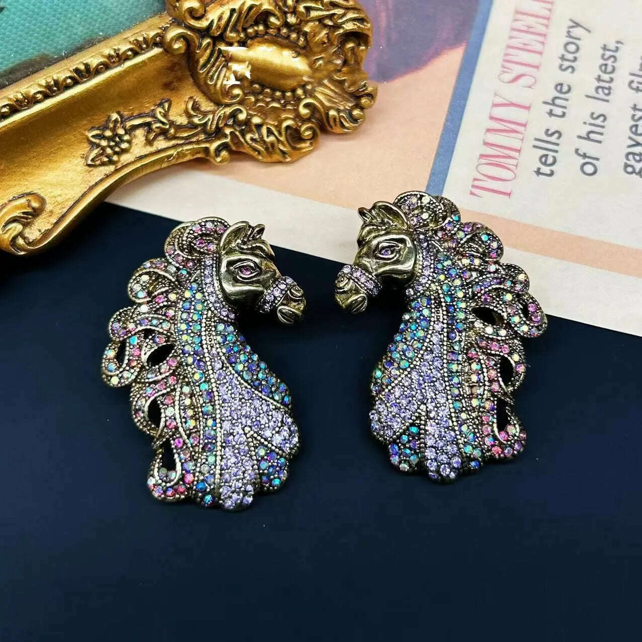 vintage two-headed horse Drop exaggerated necklace earrings - KIMLUD