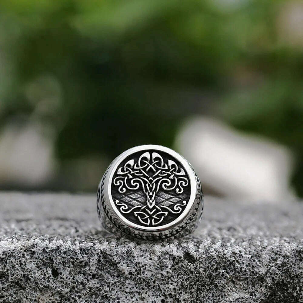 Vintage Viking Tree Of Life Ring For Men Nordic Mythology Stainless Steel Yggdrasils Ring Fashion Amulet Viking Jewelry Gift - KIMLUD