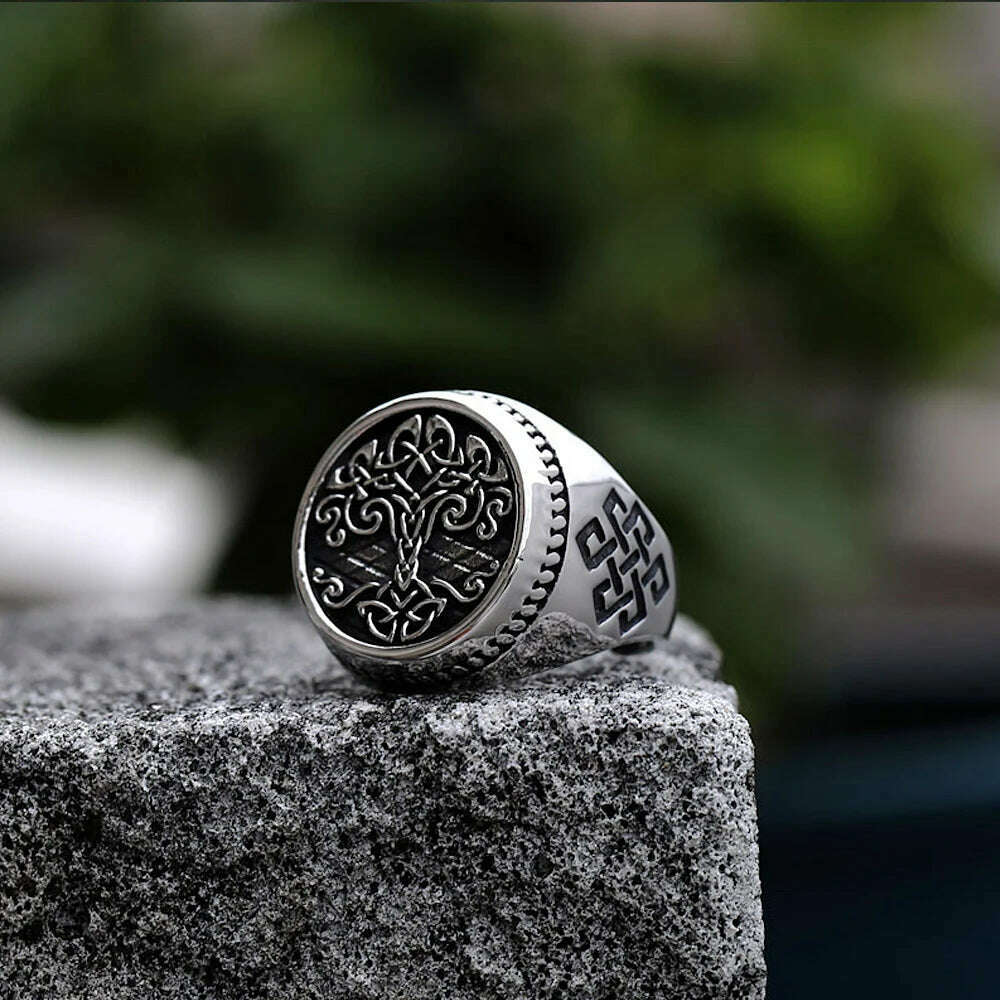 Vintage Viking Tree Of Life Ring For Men Nordic Mythology Stainless Steel Yggdrasils Ring Fashion Amulet Viking Jewelry Gift - KIMLUD