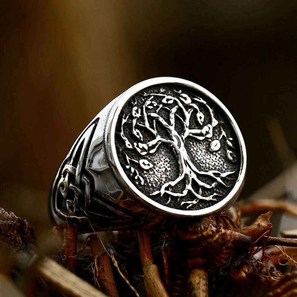 Vintage Viking Tree Of Life Ring For Men Nordic Mythology Stainless Steel Yggdrasils Ring Fashion Amulet Viking Jewelry Gift - KIMLUD
