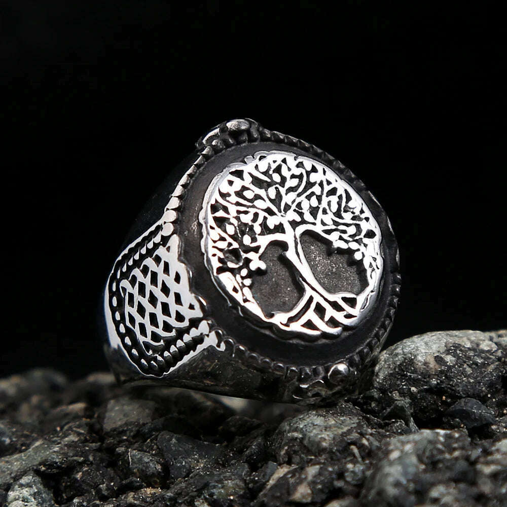 Vintage Viking Tree Of Life Ring For Men Nordic Mythology Stainless Steel Yggdrasils Ring Fashion Amulet Viking Jewelry Gift - KIMLUD