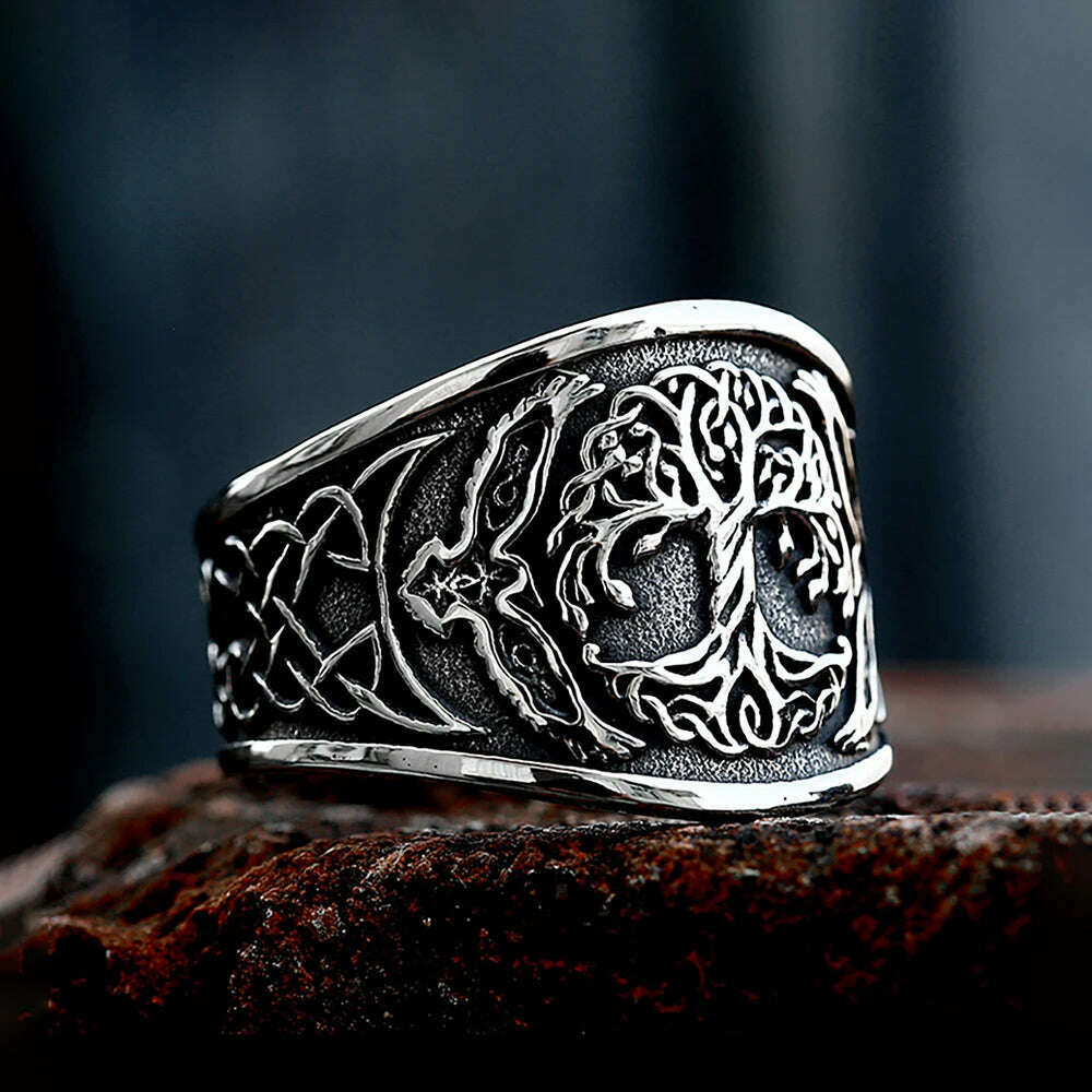 Vintage Viking Tree Of Life Ring For Men Nordic Mythology Stainless Steel Yggdrasils Ring Fashion Amulet Viking Jewelry Gift - KIMLUD
