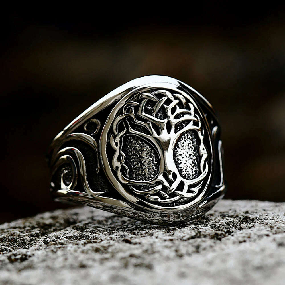 Vintage Viking Tree Of Life Ring For Men Nordic Mythology Stainless Steel Yggdrasils Ring Fashion Amulet Viking Jewelry Gift - KIMLUD