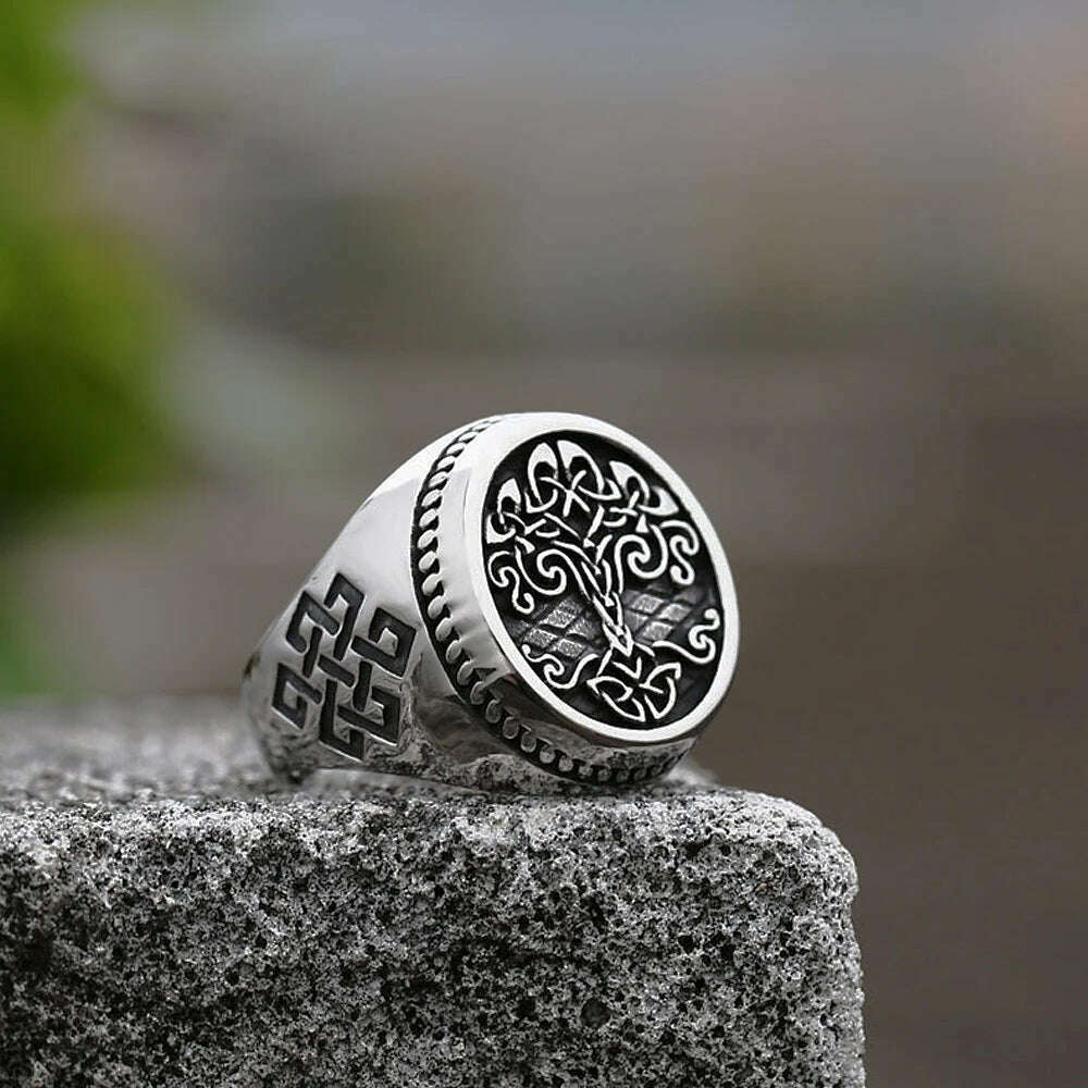 Vintage Viking Tree Of Life Ring For Men Nordic Mythology Stainless Steel Yggdrasils Ring Fashion Amulet Viking Jewelry Gift - KIMLUD
