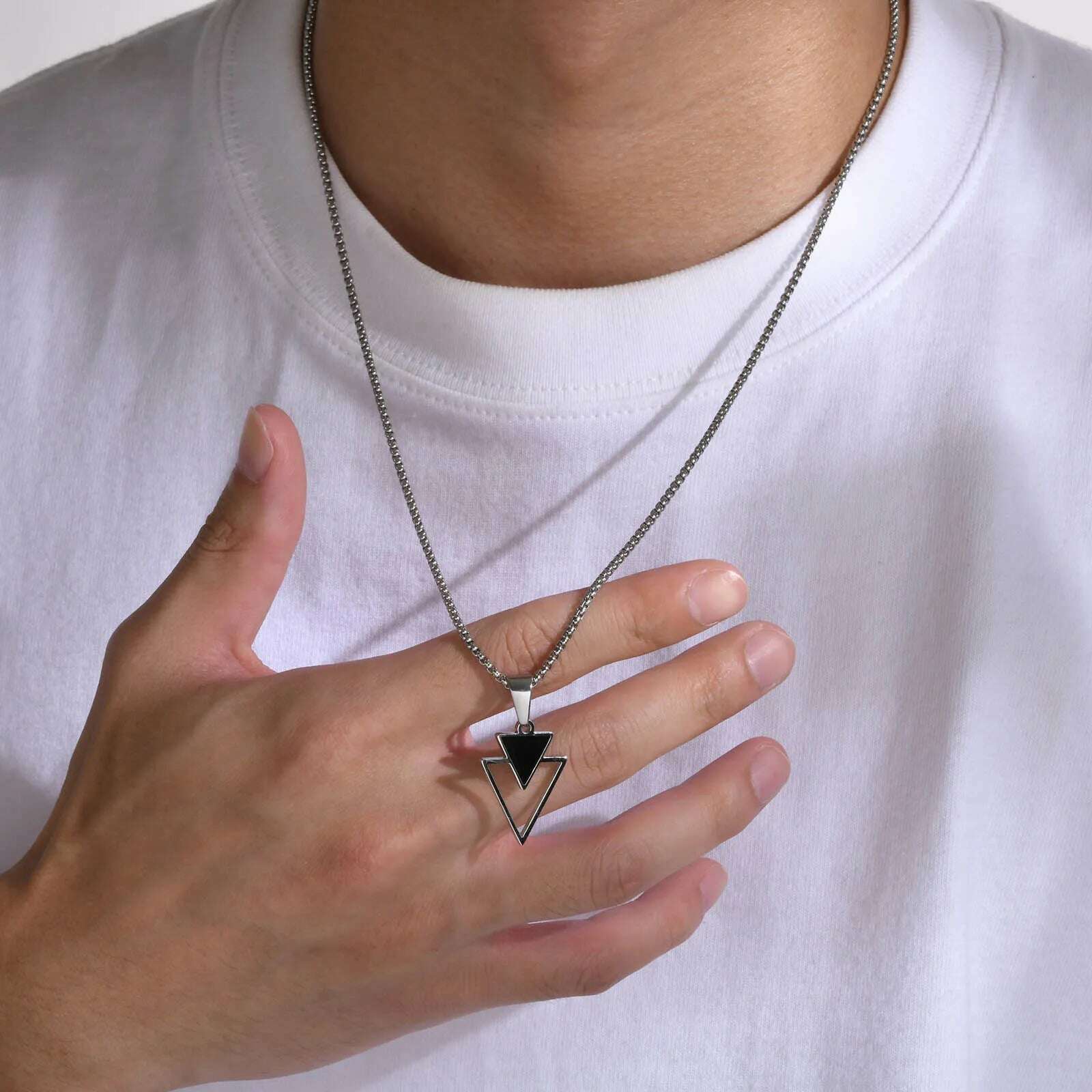 Vnox New Fashion Triangle Pendant Necklace for Men Boys, Minimalist Stainless Steel Hollow Geometric Collar Male Jewelry Gift - KIMLUD