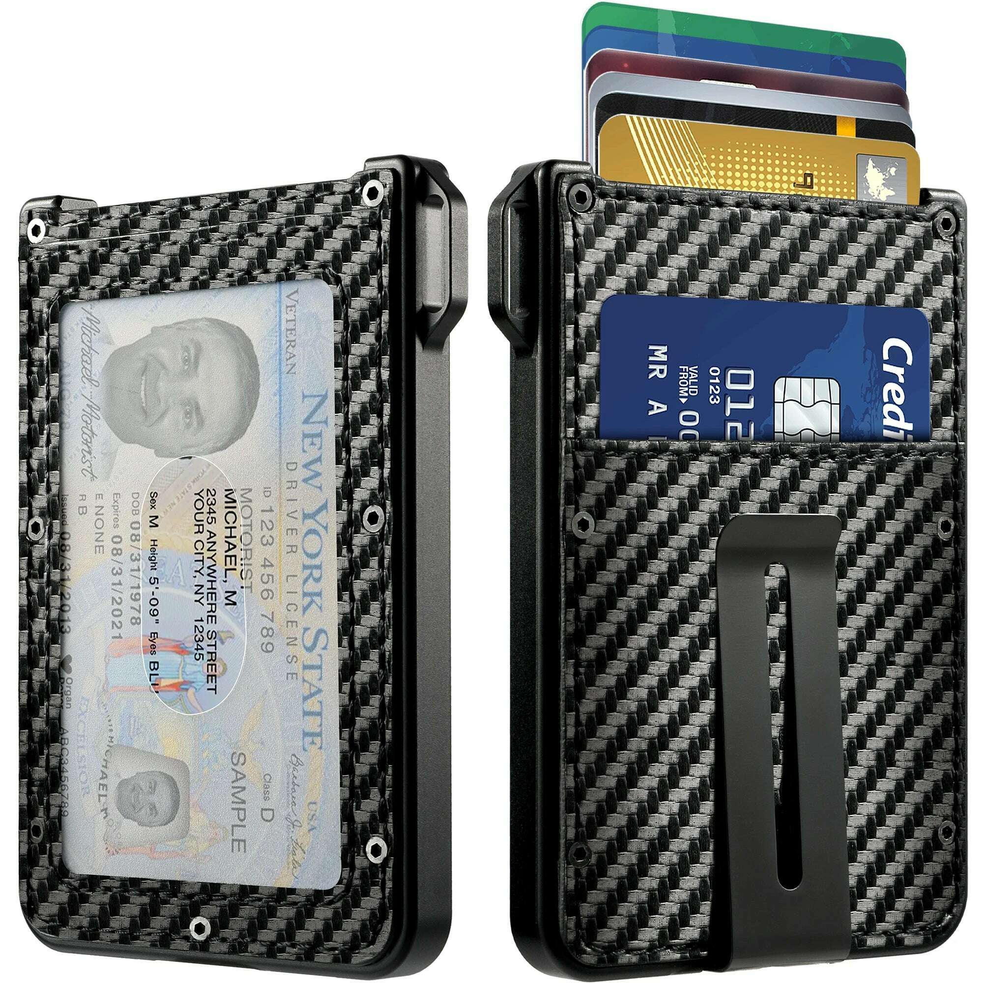 Wallet For Men - Aluminum Slim Carbon Fiber Leather Wallet,Holds up 10 Cards Card Holder with Clear ID Card Holder, Cash Clip - KIMLUD