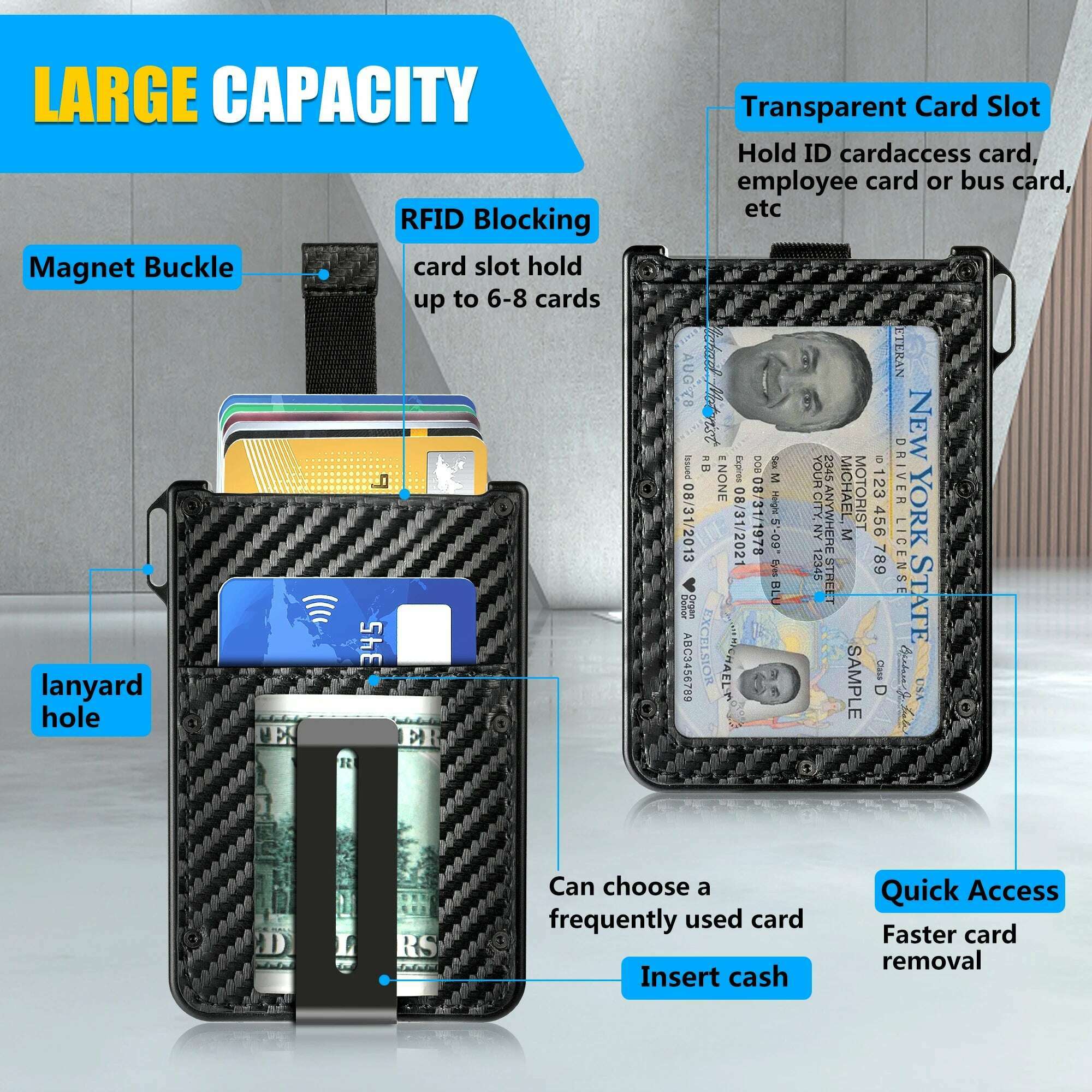 Wallet For Men - Aluminum Slim Carbon Fiber Leather Wallet,Holds up 10 Cards Card Holder with Clear ID Card Holder, Cash Clip - KIMLUD