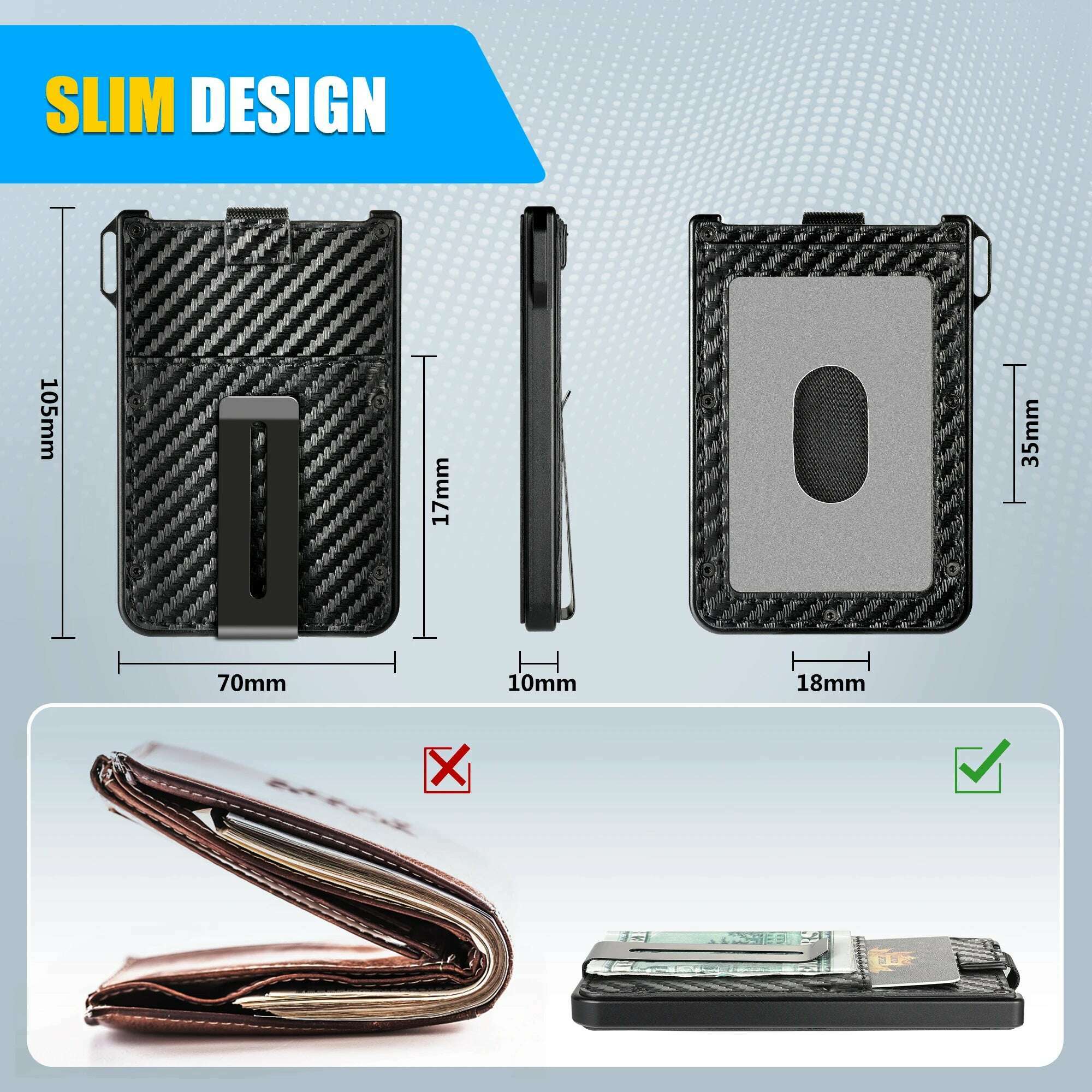 Wallet For Men - Aluminum Slim Carbon Fiber Leather Wallet,Holds up 10 Cards Card Holder with Clear ID Card Holder, Cash Clip - KIMLUD
