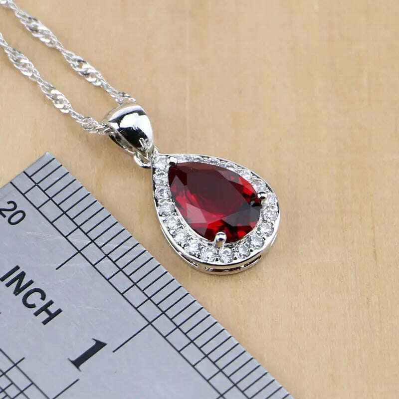 KIMLUD, Water Drop Silver 925 Jewelry Red Ruby White Topaz Jewelry Sets Women Long Earrings/Pendant/Necklace/Rings/Bracelet Dropshipping, KIMLUD Womens Clothes