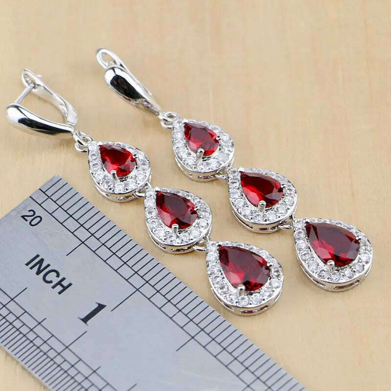 KIMLUD, Water Drop Silver 925 Jewelry Red Ruby White Topaz Jewelry Sets Women Long Earrings/Pendant/Necklace/Rings/Bracelet Dropshipping, KIMLUD Womens Clothes
