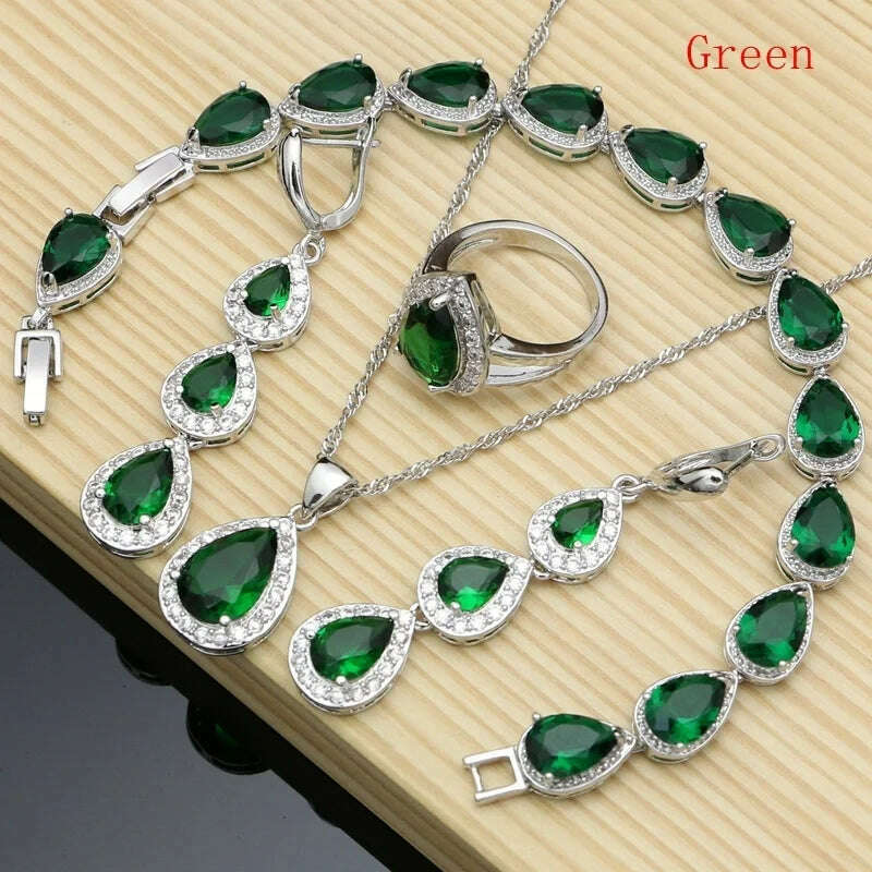 KIMLUD, Water Drop Silver 925 Jewelry Red Ruby White Topaz Jewelry Sets Women Long Earrings/Pendant/Necklace/Rings/Bracelet Dropshipping, KIMLUD Womens Clothes