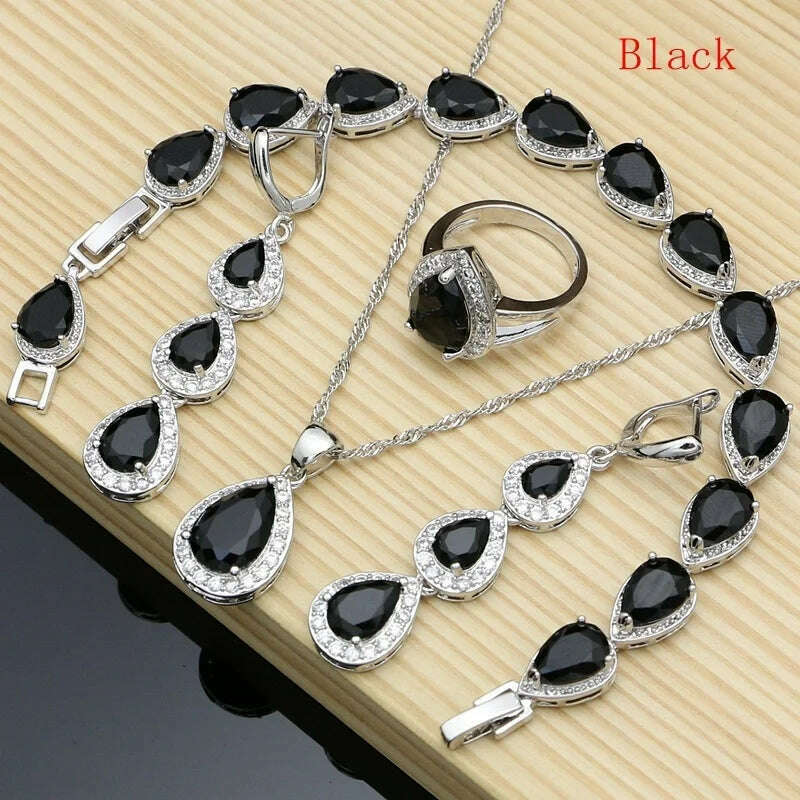 KIMLUD, Water Drop Silver 925 Jewelry Red Ruby White Topaz Jewelry Sets Women Long Earrings/Pendant/Necklace/Rings/Bracelet Dropshipping, black / 10, KIMLUD APPAREL - Womens Clothes