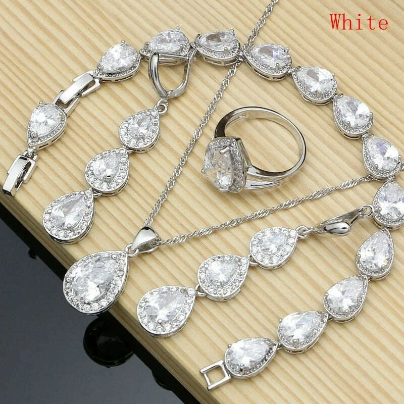KIMLUD, Water Drop Silver 925 Jewelry Red Ruby White Topaz Jewelry Sets Women Long Earrings/Pendant/Necklace/Rings/Bracelet Dropshipping, WHITE / 9, KIMLUD APPAREL - Womens Clothes