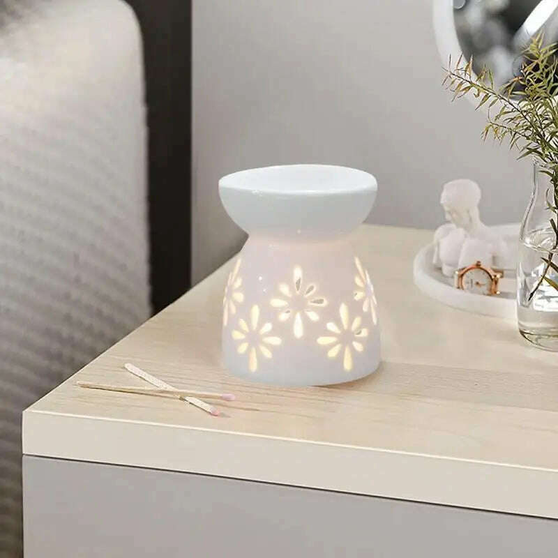 Wax Melt Essential Oil Burner Ceramic Candle Holder White Hollow Design Aromatherapy Tarts Assorted Wax Scented Candle Warmer - KIMLUD