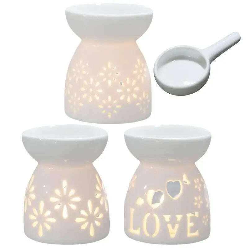 Wax Melt Essential Oil Burner Ceramic Candle Holder White Hollow Design Aromatherapy Tarts Assorted Wax Scented Candle Warmer - KIMLUD