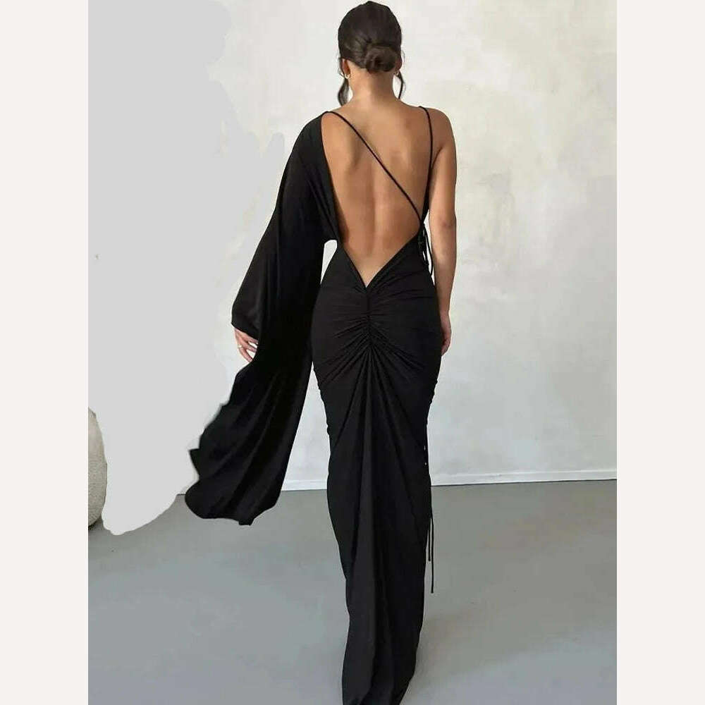 Weird Puss Backless Bandage Women Hip Dress v Neck One Shoulder Ruffles Bodycon 2023 Ladies Fashion Party Stage Performance Wear - KIMLUD