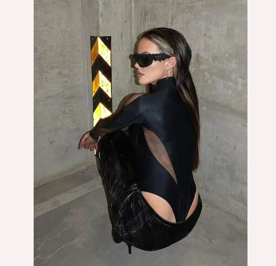 Weird Puss Sexy Wild Women Bodysuit Long Sleeve See Through Skinny Mesh Patchwork Vacation Party Club Streetwear Bodycon Tops - KIMLUD