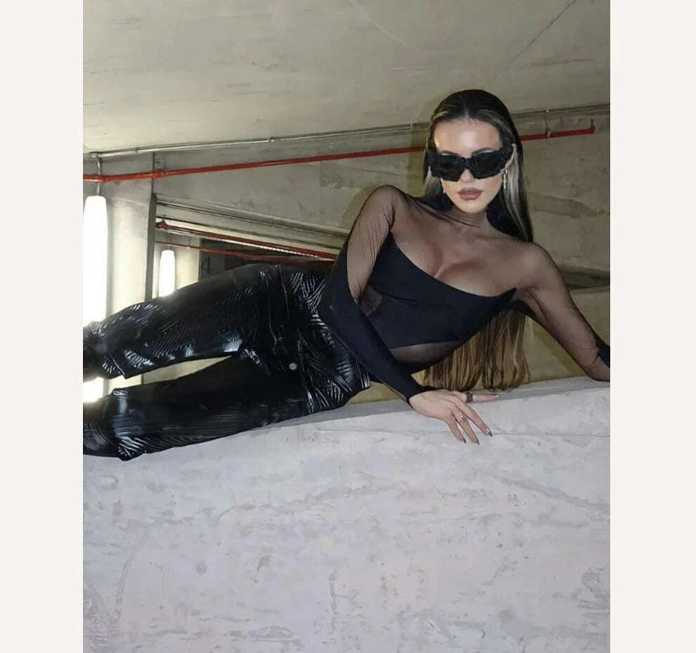 Weird Puss Sexy Wild Women Bodysuit Long Sleeve See Through Skinny Mesh Patchwork Vacation Party Club Streetwear Bodycon Tops - KIMLUD