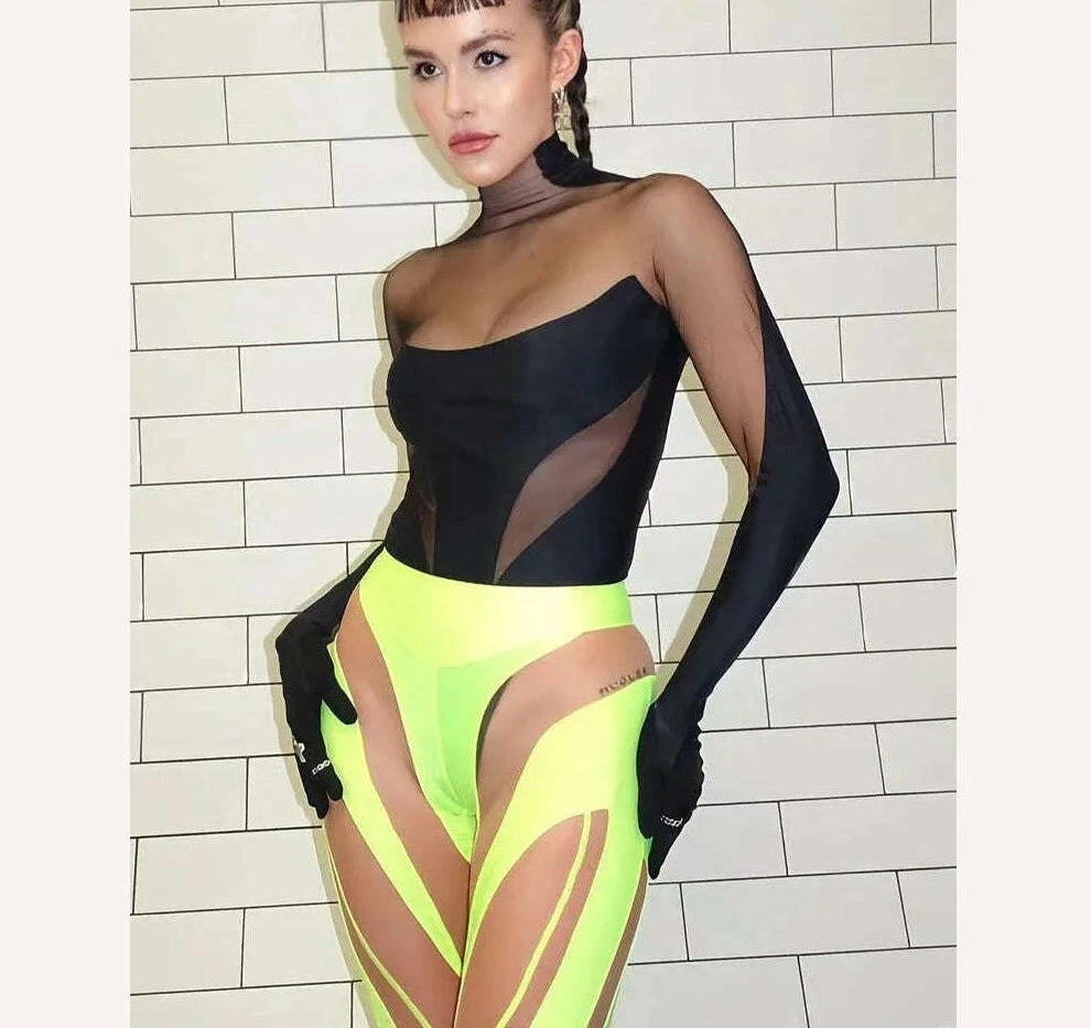 Weird Puss Sexy Wild Women Bodysuit Long Sleeve See Through Skinny Mesh Patchwork Vacation Party Club Streetwear Bodycon Tops - KIMLUD