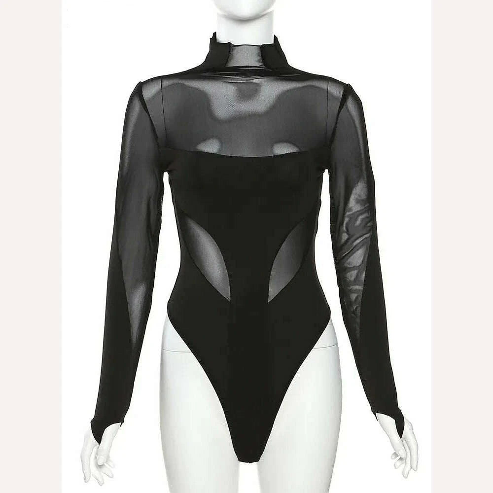 Weird Puss Sexy Wild Women Bodysuit Long Sleeve See Through Skinny Mesh Patchwork Vacation Party Club Streetwear Bodycon Tops - KIMLUD