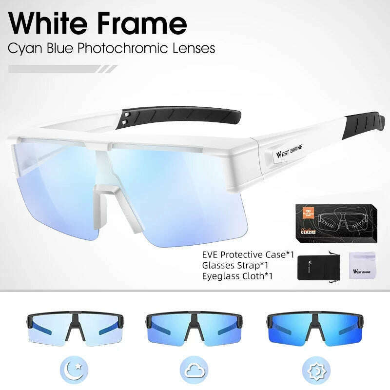 KIMLUD, WEST BIKING Photochromic Cycling Glasses Fit Over Myopic Sunglasses UV 400 Polarized Glasses Driving Fishing Eyewear Goggles, Cyan Blue White, KIMLUD APPAREL - Womens Clothes