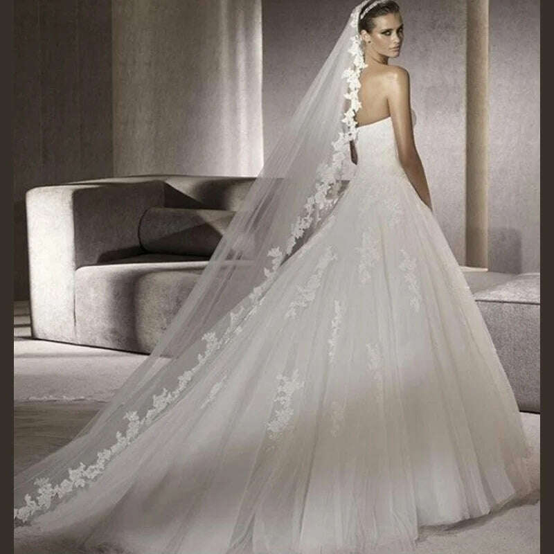 KIMLUD, White Lace Bridal Edge Veils Hot Sale 300CM Cathedral Bridal Veil Custom Made Ivory Tulle Wedding Accessories For Bride, KIMLUD Womens Clothes